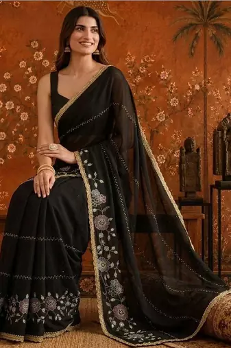 Black embellished embroidered  georgette saree