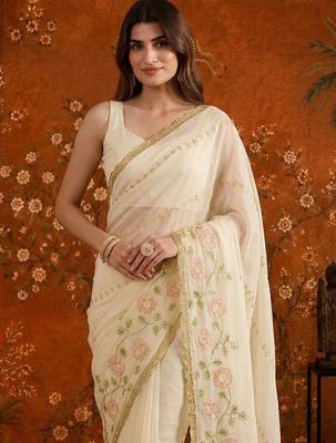 Off white embellished embroidered  georgette saree 1
