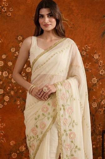 Off white embellished embroidered  georgette saree