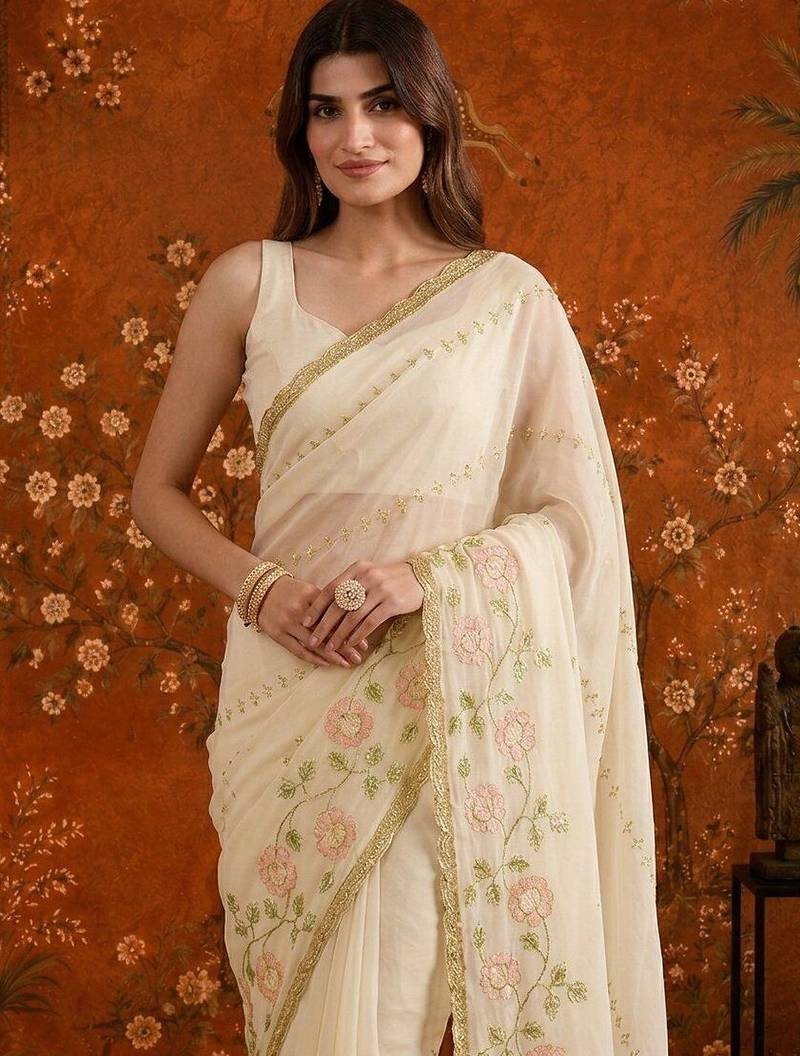 Off white embellished embroidered  georgette saree