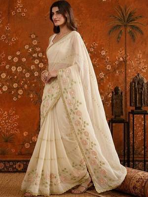 Off white embellished embroidered  georgette saree 2