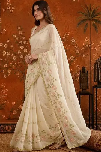 Off white embellished embroidered  georgette saree