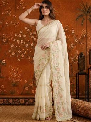 Off white embellished embroidered  georgette saree 3