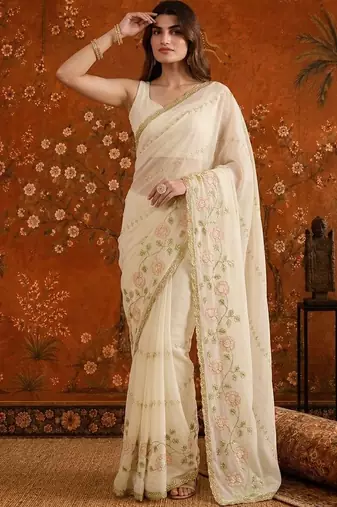 Off white embellished embroidered  georgette saree