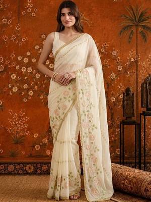 Off white embellished embroidered  georgette saree 4