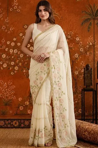 Off white embellished embroidered  georgette saree