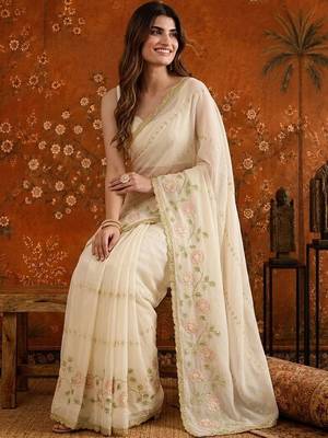 Off white embellished embroidered  georgette saree 5