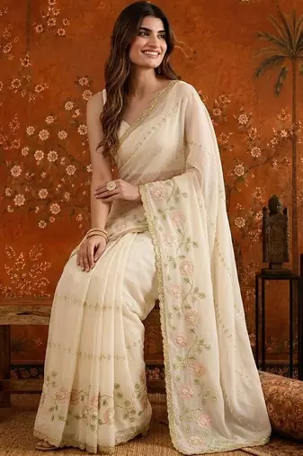 Off white embellished embroidered  georgette saree