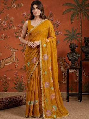 Mustard embellished embroidered  georgette saree 1