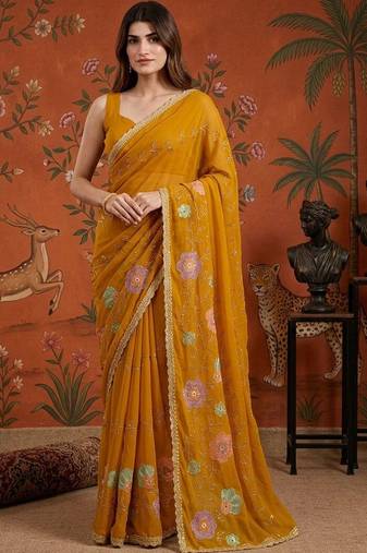 Mustard embellished embroidered  georgette saree