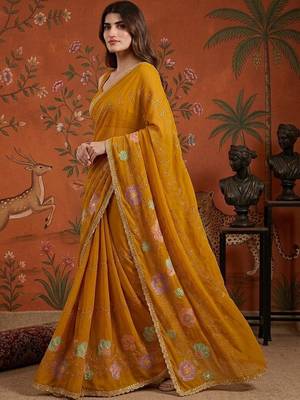 Mustard embellished embroidered  georgette saree 2