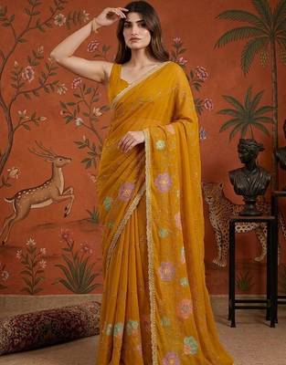 Mustard embellished embroidered  georgette saree 3