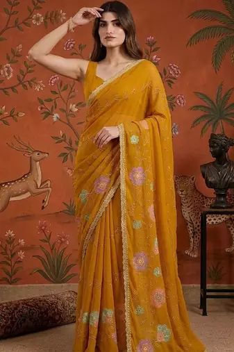 Mustard embellished embroidered  georgette saree