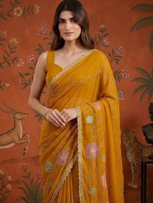 Mustard embellished embroidered  georgette saree 4