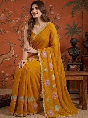 Mustard embellished embroidered  georgette saree 5