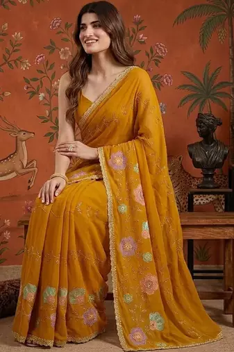Mustard embellished embroidered  georgette saree