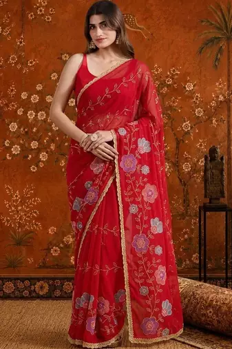 Red embellished embroidered  georgette saree