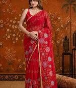 Red embellished embroidered  georgette saree