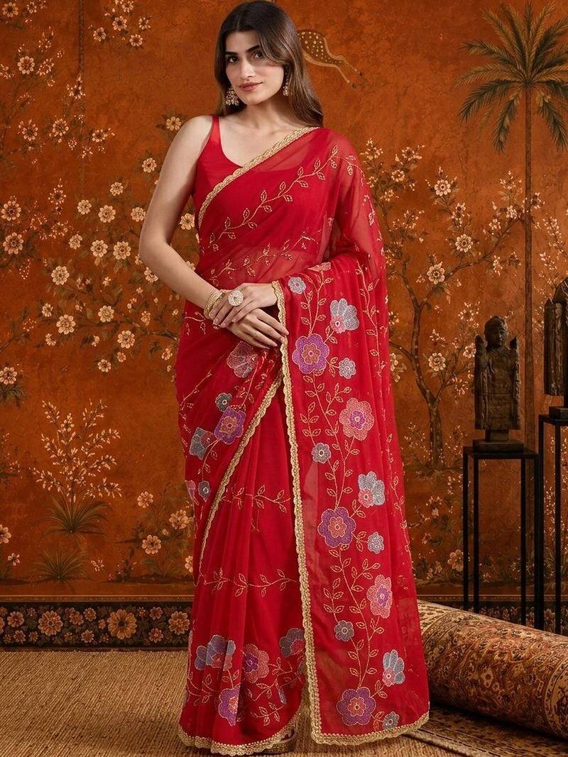 Red embellished embroidered  georgette saree