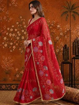 Red embellished embroidered  georgette saree 2