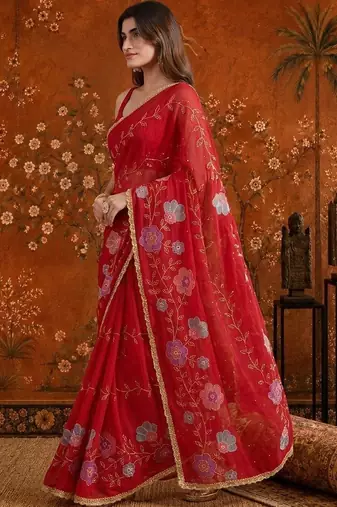 Red embellished embroidered  georgette saree
