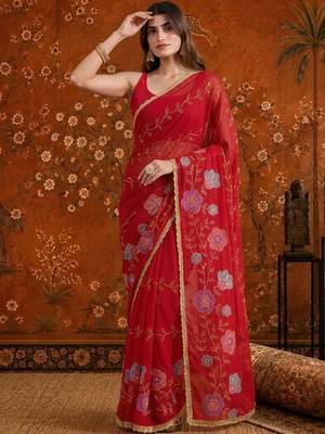 Red embellished embroidered  georgette saree 3