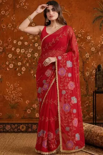 Red embellished embroidered  georgette saree