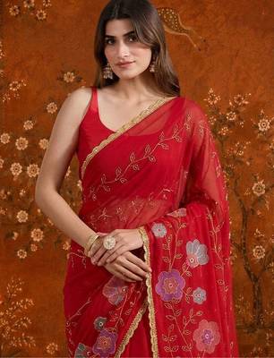 Red embellished embroidered  georgette saree 4