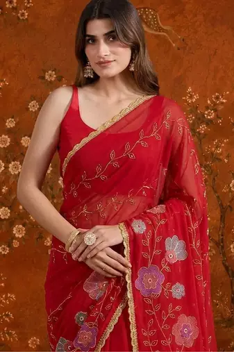 Red embellished embroidered  georgette saree