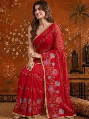 Red embellished embroidered  georgette saree 5