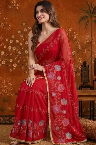Red embellished embroidered  georgette saree
