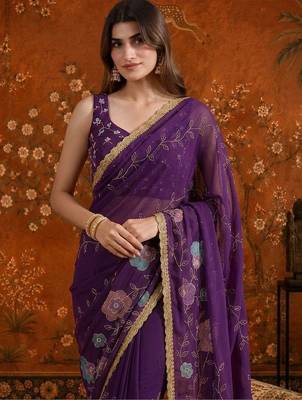 Purple floral  georgette saree 1