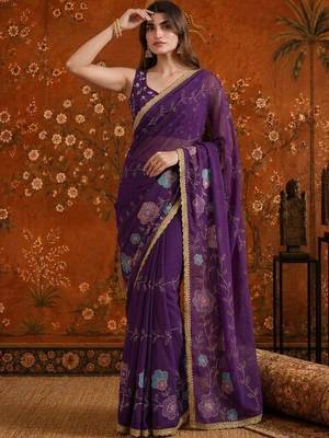 Purple floral  georgette saree 2