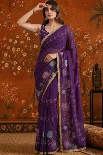Purple floral  georgette saree