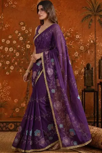Purple floral  georgette saree