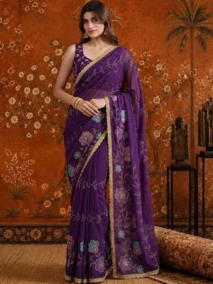 Purple floral  georgette saree 4