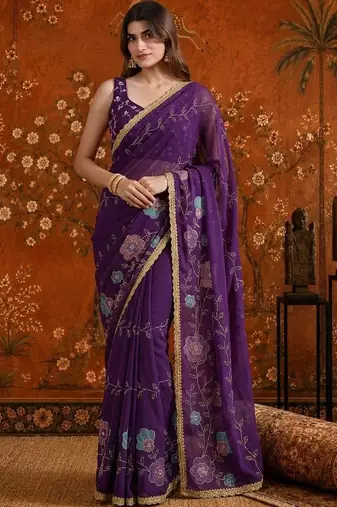 Purple floral  georgette saree