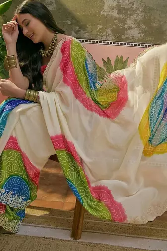 Off white bandhani printed  chiffon saree with embellished border & blouse piece