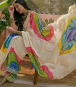 Off white bandhani printed  chiffon saree with embellished border & blouse piece