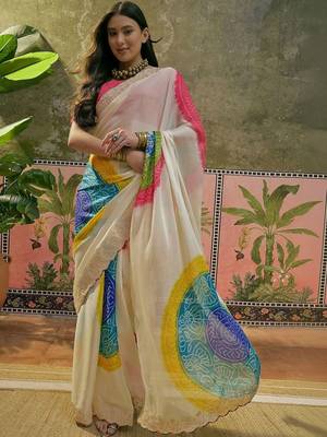 Off white bandhani printed  chiffon saree with embellished border & blouse piece 2