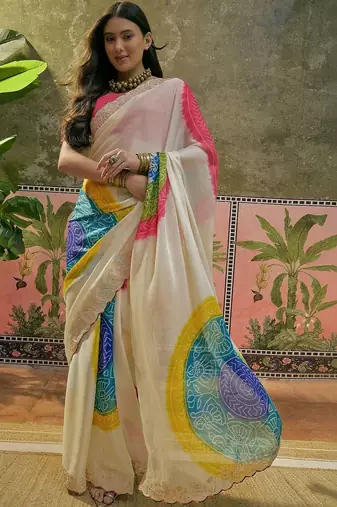 Off white bandhani printed  chiffon saree with embellished border & blouse piece