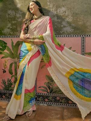 Off white bandhani printed  chiffon saree with embellished border & blouse piece 3