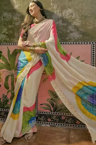 Off white bandhani printed  chiffon saree with embellished border & blouse piece