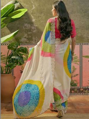Off white bandhani printed  chiffon saree with embellished border & blouse piece 4