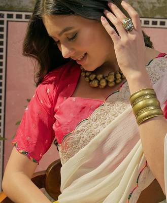 Off white bandhani printed  chiffon saree with embellished border & blouse piece 5