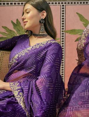 Purple bandhani printed  chiffon embellished border saree  & unstitched blouse piece 1