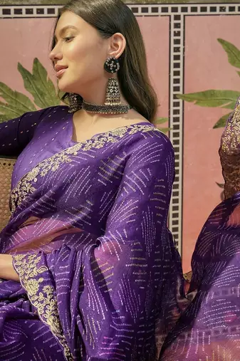 Purple bandhani printed  chiffon embellished border saree  & unstitched blouse piece