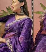 Purple bandhani printed  chiffon embellished border saree  & unstitched blouse piece