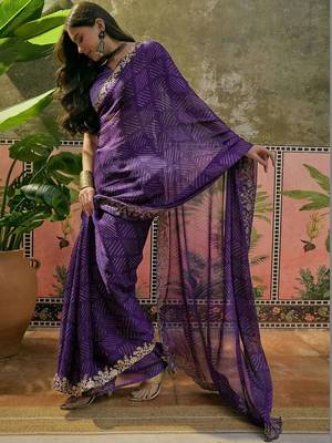 Purple bandhani printed  chiffon embellished border saree  & unstitched blouse piece 2
