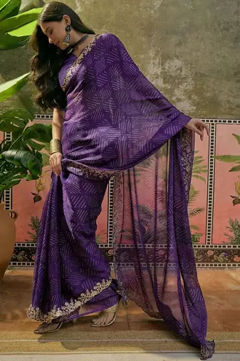 Purple bandhani printed  chiffon embellished border saree  & unstitched blouse piece
